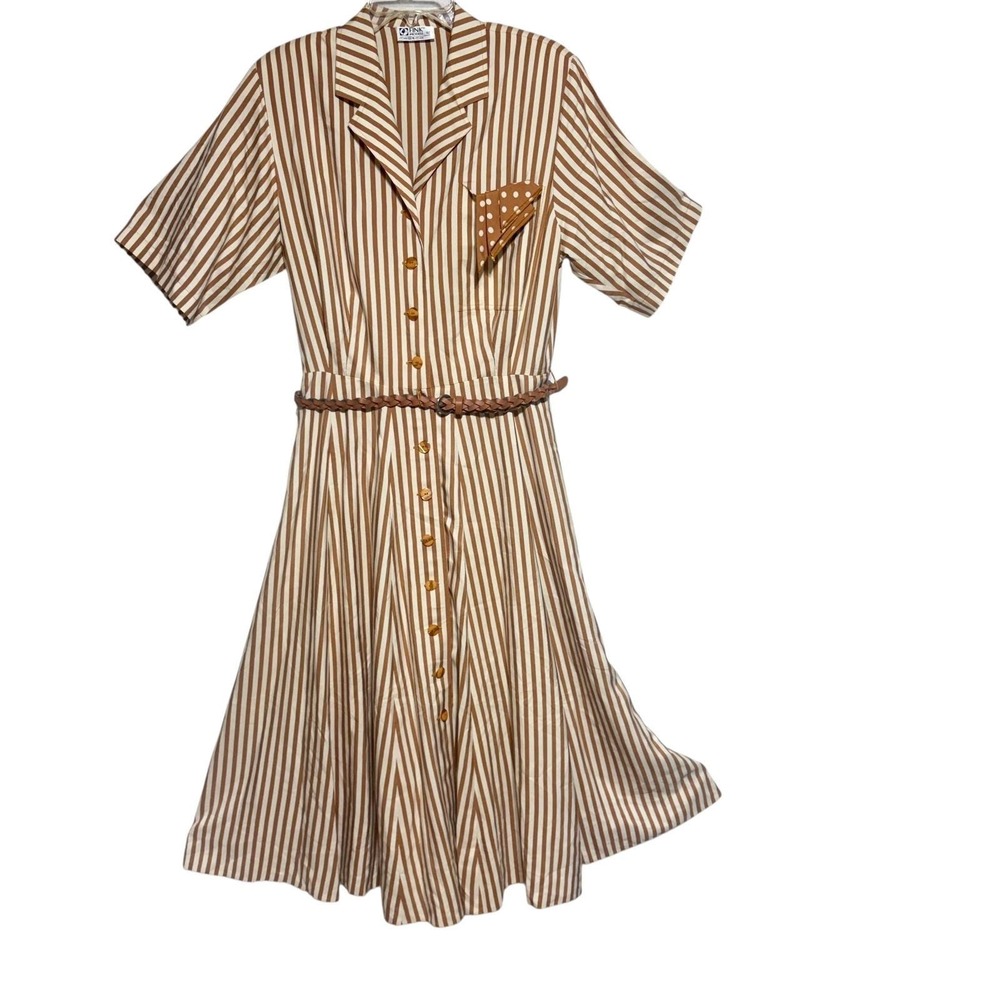 Fink Modell Vintage 100% Silk Striped Shirt Dress Brown Cream West Germany Sz 16